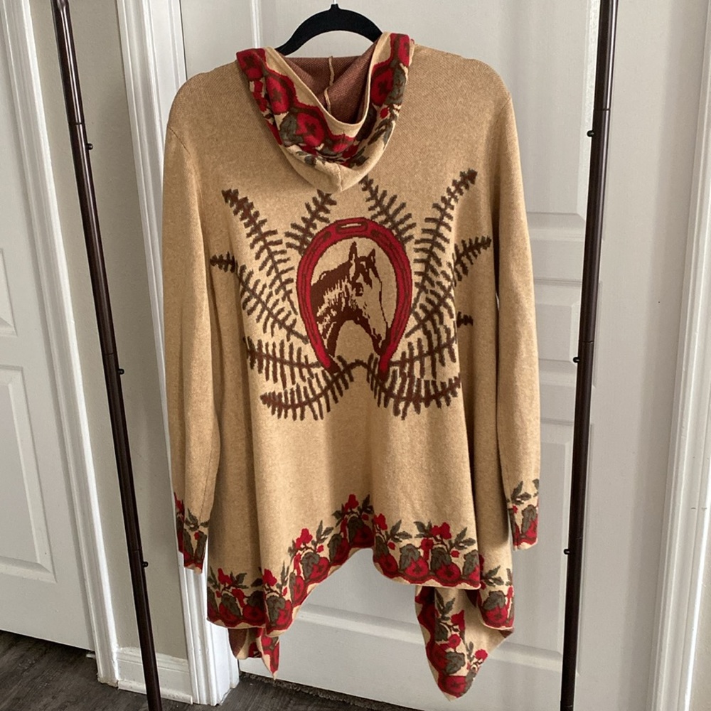 Tasha Polizzi Tan and Red Hooded Cardigan